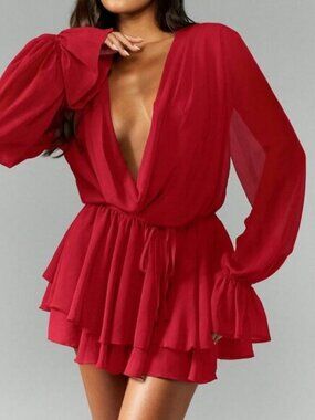Cherry Red Sexy Women's Elegant Mini Chiffon Dress